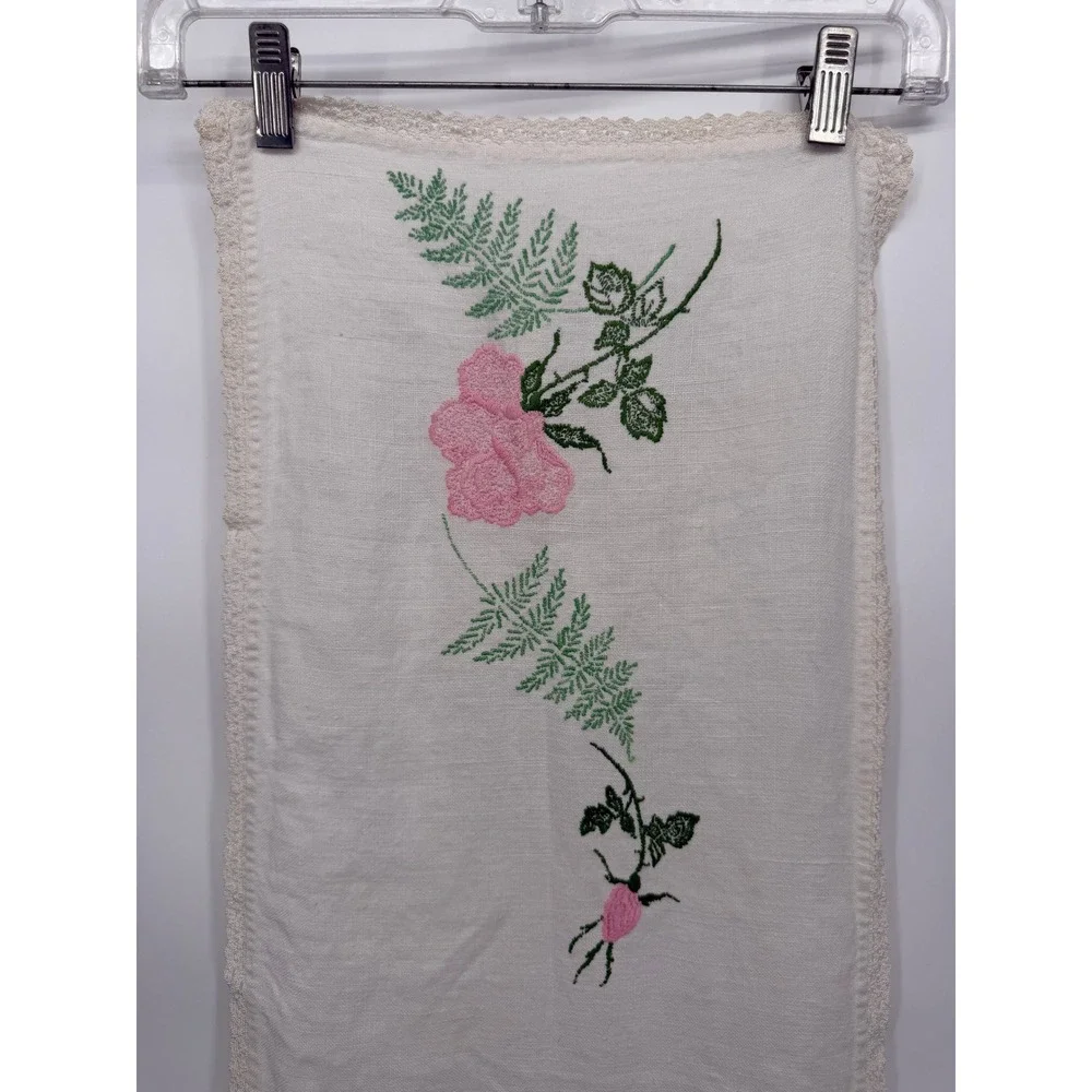Vintage Embroidered Table Runner Dresser Scarf Floral Lace Trim Decor 35x12